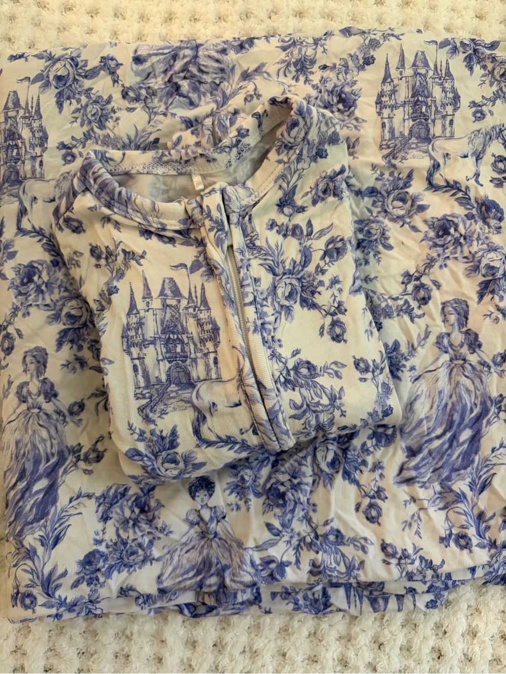 Posh Peanut Blue Toile Print Zipper Footie with matching swaddle